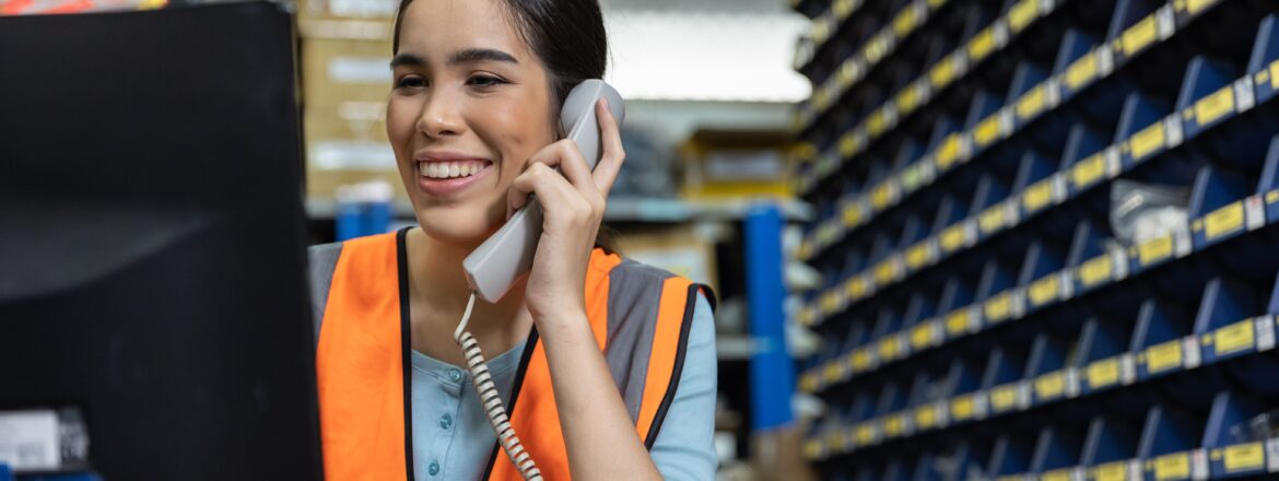 products stock inventory engineer sale agent in hardware shop phone calling receiving order from customer or technical support oncall.